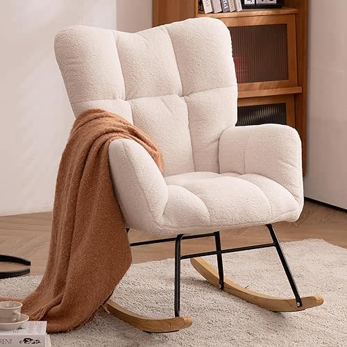FOXHUNTER Rocking Chair Nursery Teddy Upholstered Glider Rocker High Backrest Nursery Rocker Comfortable Stylish Accent Armchair for Living Rooms Bedrooms Offices (Teddy Ivory)