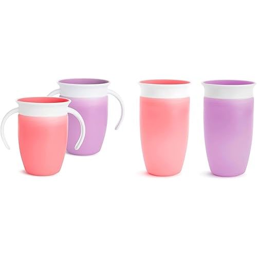 Munchkin® Miracle® 360 Trainer Sippy Cup with Handles, Spill Proof, 7 Ounce, 2 Pack, Pink/Purple & Miracle® 360 Toddler Sippy Cup, Spill Proof, 10 Ounce, 2 Pack, Pink/Purple