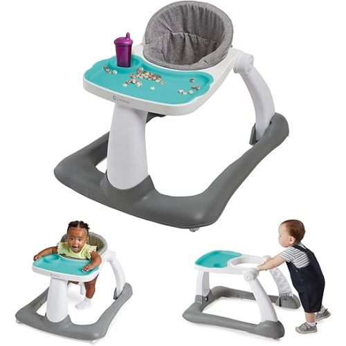 Contours Graze 2-in-1 Foldable Infant and Baby Push Walker, Seated or Walk-Behind Design, Removable and Washable Seat Pad and Snack Tray, Height Adjustable Seat Pad, Wide and Sturdy Frame - Gray/Teal