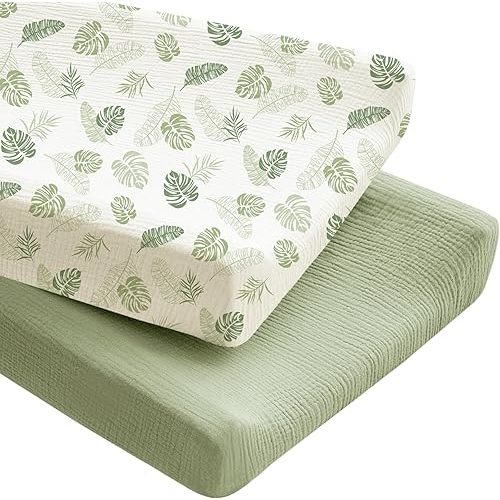 Konssy 2 Pack Muslin Changing Pad Covers for Boys, Ultra Soft & Breathable Cotton Baby Diaper Changing Table Covers, Neutral Nursery Diaper Changing Pad Sheets (Palm Paradise, Sage)