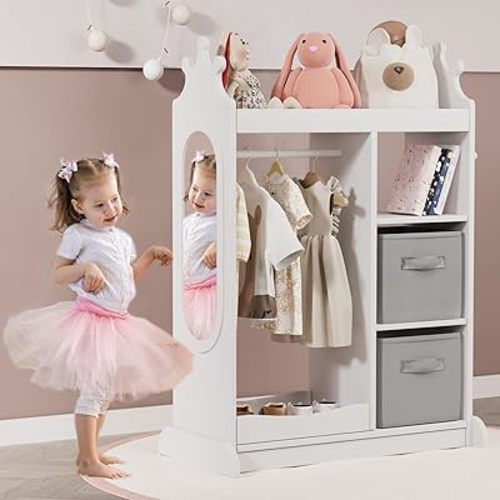KIDINIX Kids Wardrobe with Mirror, Open Dress Up Storage Kids Armoire Wardrobe with 3 Tier Storage Shelf,2 Fabric Storage,Shoe Rack, Kids Dress Up Rack for Coats, Dance Costume, Hats, Shoes,White