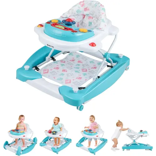 HONEY JOY Baby Walker, 6-in-1 Foldable Baby Walker and Bouncer Combo, Infant Activity Walker with Wheels, Adjustable Heights, Rocker, Music, Lights, Walker for Baby Boy Girl 7-14 Months (Green)
