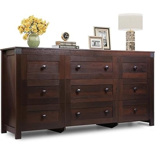 WLIVE Farmhouse Dresser for Bedroom, 63" Wide 9 Drawer Dresser Storage Organizer, Wood Chest of Drawers for Bedroom, TV Stand for 70 inch TV for Living Room, Hallway, Ball Bearing Slide (Brown)
