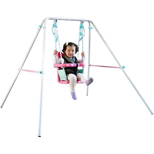 Sportspower FNS-003 My 1st Toddler Swing: Heavy-Duty Baby Indoor/Outdoor Swing Set with Safety Harness, Capacity - 50 lbs and Ages 9-36 Months, Pink/Pale Green