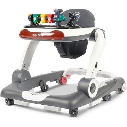 Music and Lights Baby Walker with Wheels, 6 in 1 Baby Activity Center w/Ergonomic backrest Design, Baby Walkers for Boys w/Foot Pads, Music Bouncer Walkers for Boys Girls Babies 6-18 Months, D Grey