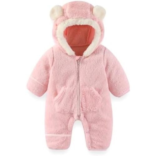 Newborn Baby Bear Outfit Suit With Fold-Over Mittens Footies Girls Boys Winter Fleece Clothes Hooded Romper Snowsuit
