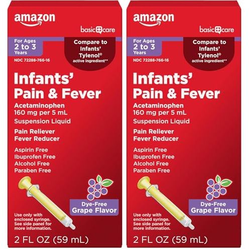 Amazon Basic Care Infants' Pain & Fever, Acetaminophen 160 mg per 5 mL, Suspension Liquid, Dye-Free Grape Flavor, 2 fl oz (Pack of 2)