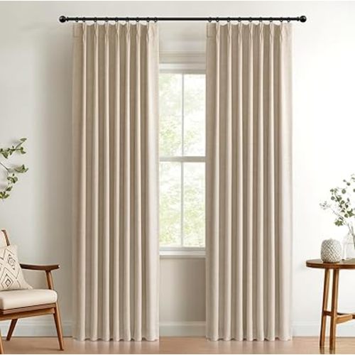 100% Blackout Shield Linen Pinch Pleated Curtains Blackout, Pleated Drapes with Hooks 96 Inch Long 2 Panels Set, Linen Blackout Curtains for Bedroom & Living Room, 40" W x 96" L, Oatmeal