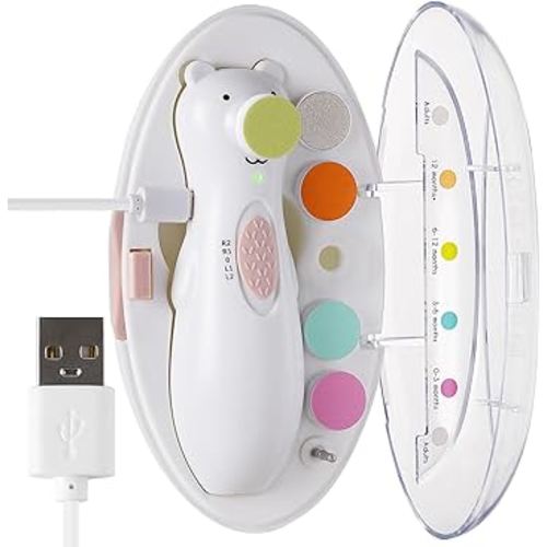 haakaa Happii Bear Baby Nail File Electric Nail Trimmer with LED Light, Rechargeable Baby Nail Clippers for Newborn/Adults Toes and Fingernails, Additional Replacement Heads & Charging Cable