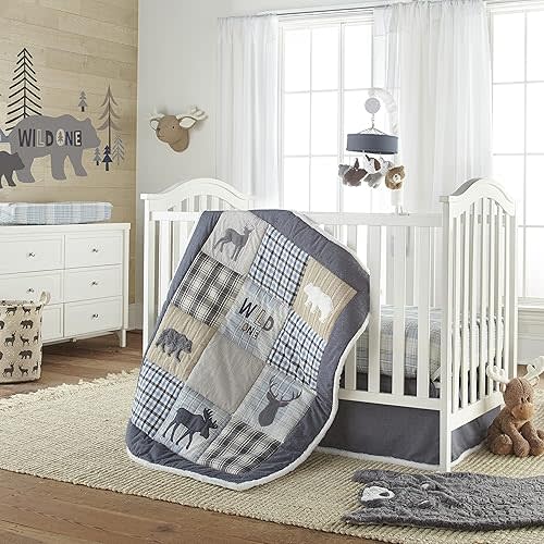 Levtex Baby - Logan Crib Bed Set - Baby Nursery Set - Navy Grey White Blue Taupe Blue - Deers, Bears and Moose - 4 Piece Set Includes Quilt, Fitted Sheet, Wall Decal & Skirt/Dust Ruffle