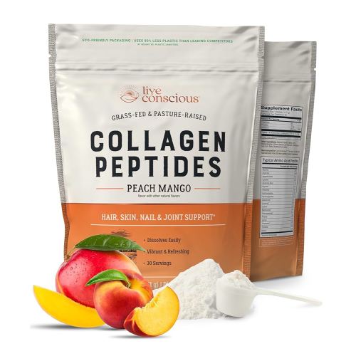 Live Conscious Collagen Peptides Powder - Peach Mango Flavored Collagen Powder - Hair, Skin, Nail, & Joint Support - Type I & III Grass-Fed Collagen Supplements for Women and Men - 30 Serving - 12.4oz