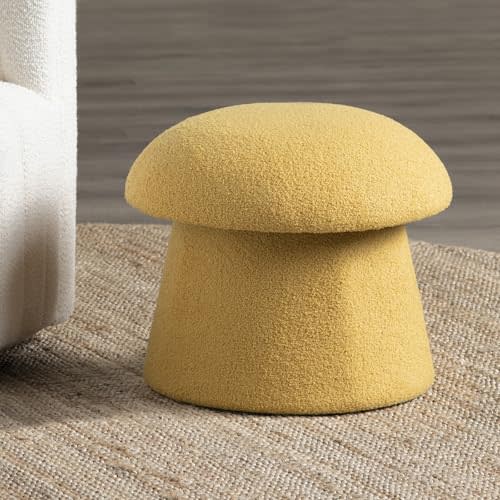 Crestview Collection 15" Foot Stool Ottoman with Storage, Mushroom Ottoman Vanity Stool, Boucle Fabric Round Foot Rest, Dressing Stool, Extra Seating for Living Room, Bedroom, Entryway, Spice Yellow