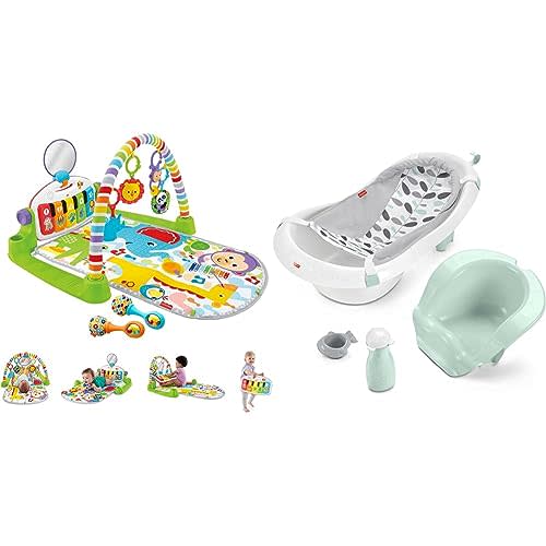 Fisher Price Baby Playmat Deluxe Kick & Play Piano Gym & Maracas & Baby to Toddler Bath 4-in-1 Sling ‘n Seat Tub with Removable Infant Support and 2 Toys, Climbing Leaves (Amazon Exclusive)