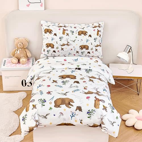 4-Piece Toddler Bedding Set-Reversible Woodland Animal Toddler Bed Sets for Boys Girls-Soft Lightweight Cartoon Bear Deer Print Toddler Bed Comforter with Sheets for All Season