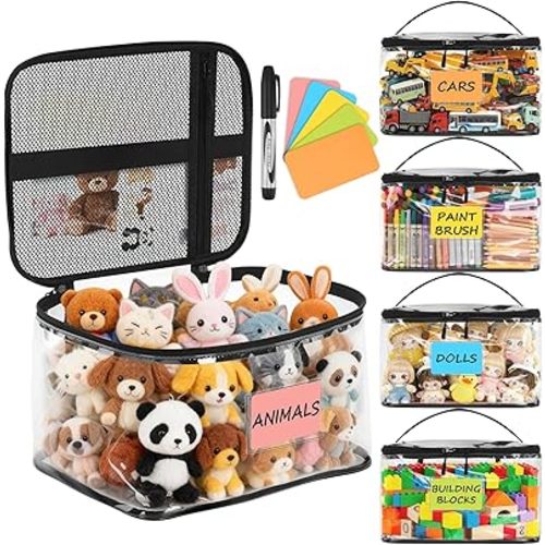 CHEGIF 5 Pack Toy Storage Bags Resuable Clear Toy Organizers and Storage with Name Tag&manual Pocket Waterproof Transparent Toy Bags with Zipper for Lego Bricks, Board Games, Building Blocks, Puzzles