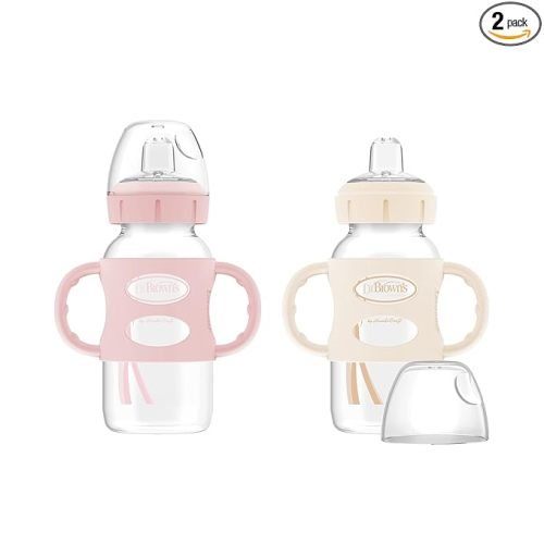 Dr. Brown's Milestones Wide-Neck Sippy Spout Bottle with 100% Silicone Handles, Easy-Grip Handles with Soft Sippy Spout, 9oz/270mL, Light-Pink & Ecru, 2-Pack, 6m+