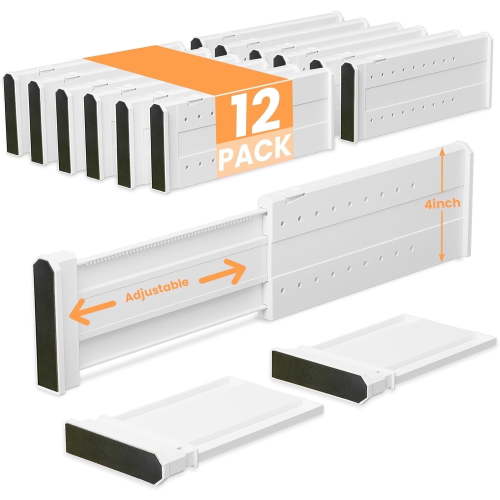 LLMRR 12 Pack Drawer Dividers, 4" High, 15-21" Adjustable Drawer Divider for clothes, Expandable Baby Dresser Organizer for Baby Clothes, Bedroom and Office Storage, 12 Pack, White