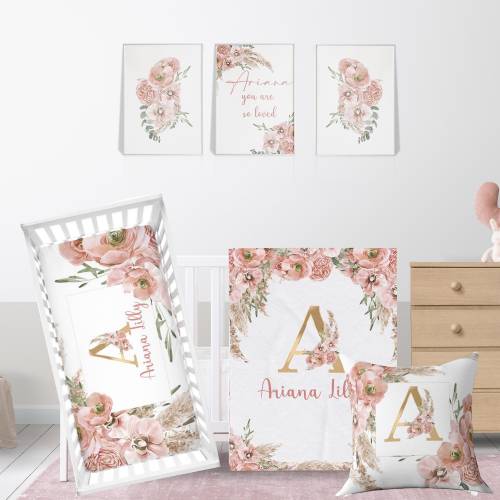 Boho Crib Bedding Set Pampas Girl Baby Blanket Blush Nursery Floral Crib Personalized Minky Blanket Custom Crib Sheet Pillow Wall Frame