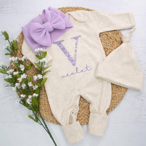 Personalized oatmeal and lavender baby girl floral romper with headband, Newborn outfit, custom girl coming home outfit, baby shower gift