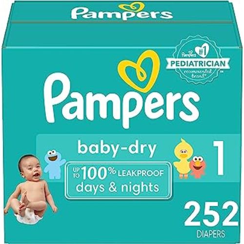 Pampers Baby Dry Diapers - Size 1, One Month Supply (252 Count), Absorbent Disposable Diapers