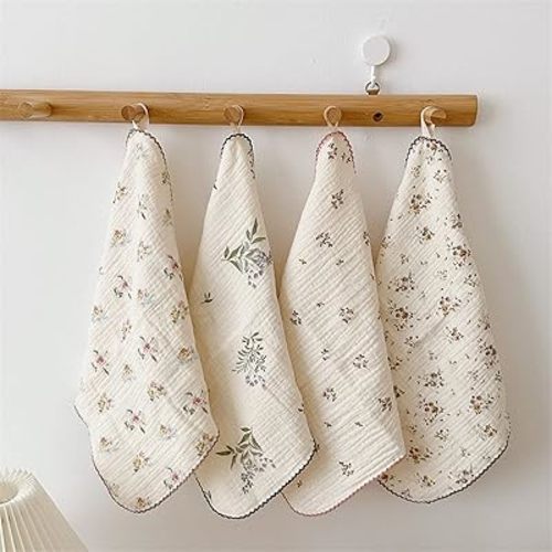 BuLuTu Reusable Cleaning Cloths 100% Cotton Muslin Dishcloths for Kitchen 4 Pack Sweet Floral Dish Towels Cellulose Sponge Cloths Non Scratch Towels No Odor,Super Absorbent Reusable Kitchen Dish Rags