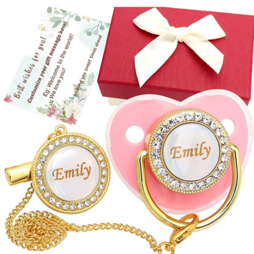 Personalized Pacifier Set with Name, BPA Free, Bling Gold Silver Pink Rose Gold Luxurious Ideal Gift for Newborns (Rose Gold)