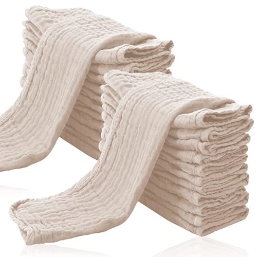 24 Pack Muslin Burp Cloths for Baby - Ultra-Soft 100% Cotton Baby Washcloths - Large 20'' by 10'' Super Absorbent Milk Spit Up Rags - Burpy Cloths for Unisex, Boy, Girl - Brown - 20x10 Inch (Pack of 24)