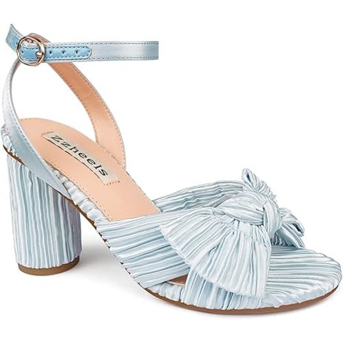 Zzheels Women's Bow Knot Heeled Sandals Open Toe High Block Ankle Strap Chunky Heels Bride Wedding Shoes