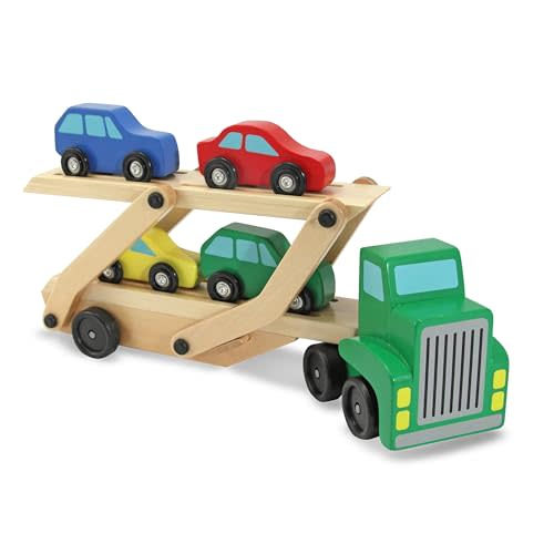Melissa & Doug Car Carrier Truck and Cars Wooden Toy Set With 1 Truck and 4 Cars Wooden Vehicle Toys, Push And Go Trucks For Toddlers And Kids Ages 3+