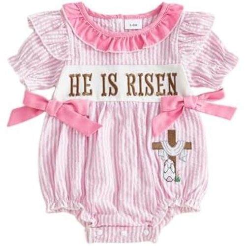 citgeett My First Easter Baby Girl Outfit He Is Risen Onesie Bunny Short Sleeve Bubble Romper Summer Infant Newborn Clothes