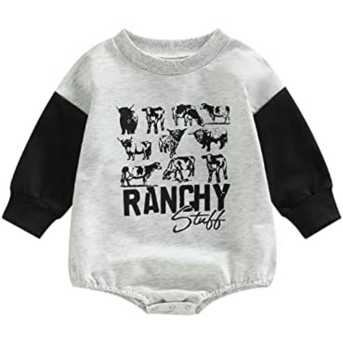 SAYOO Western Cowboy Outfits Baby Girl Boy Sweatshirt Romper Cow Print Oversized Sweater Bodysuit Infant Fall Clothes 0-24M