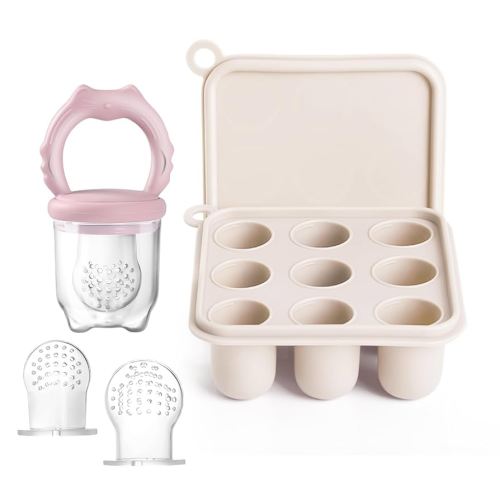 Silicone Baby Food Feeders & 1 Baby Food Freezer Tray & 2 Extra Pouches- Safe Introduction to New Foods, Frozen Milk & Puree - Ideal for Infants and Toddlers