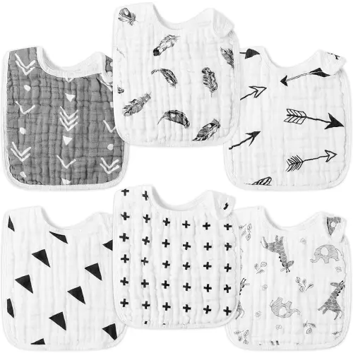 Zainpe 6Pcs Snap Muslin Bibs for Boys Girls Cotton Baby Bibs Machine Washable Adjustable Unisex Burp Cloths with 6 Absorbent Soft Layers for Newborns Toddlers Infants 3 to 36 Months Drooling Teething