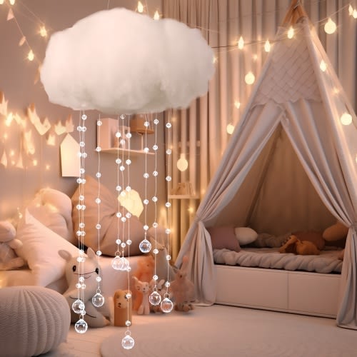 3D Cloud Ceiling Decoration with Hanging Acrylic Raindrops