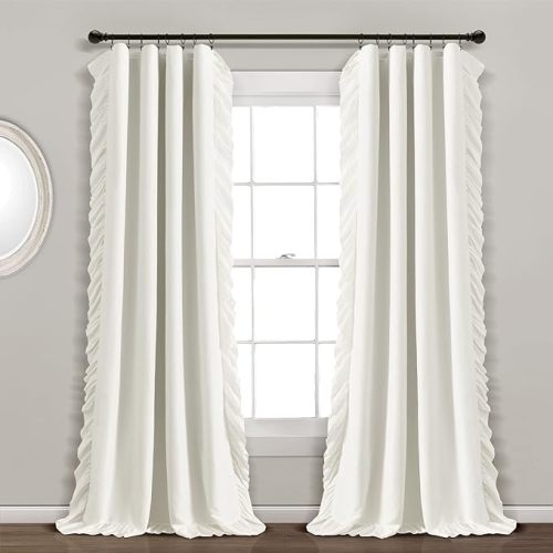 Lush Decor Reyna Ruffle 100% Lined Blackout Window Curtain Panel, Single Panel, 54" W x 84" L, White - Flowy Blackout Curtain - Farmhouse Ruffle Curtains for Bedroom, Living room, or Dining Room