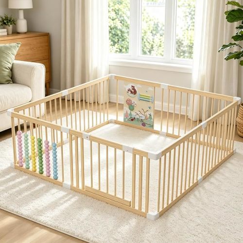Extra Large Wooden Baby Playpen, Baby Playard Area Indoor, Non-Fold 73"x73" | Play Pen for Babies and Toddlers Kids Indoor,Locking Baby Gate,Easy to Clean,Easy to assemble and disassemble without tools