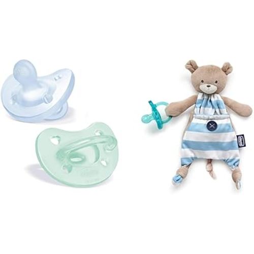 Chicco PhysioForma® Silicone Orthodontic Pacifier, 0-6m: Blue/Green, 2pk + Chicco Pocket Buddy Soft Pacifier Holder-Lovey: Blue Bear
