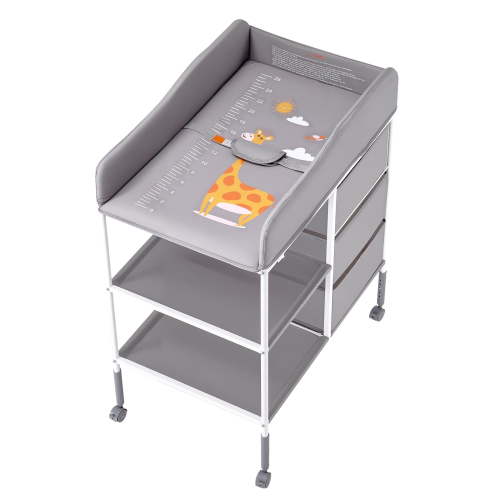KFFKFF Portable Baby Changing Table with Adjustable Height, Storage Organizer, Lockable Wheels, and 3 Fabric Drawers, Gray