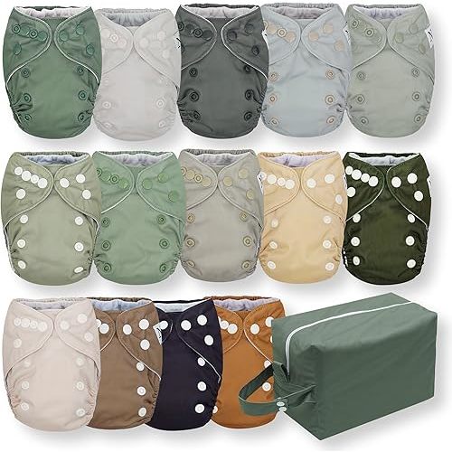 Nora's Nursery Newborn All-in-One Cloth Diaper 14-Pack with Diaper Pod for Clean Diaper Storage - Waterproof, Washable, Reusable, and Adjustable for Babies Under 12lbs - Evergreen