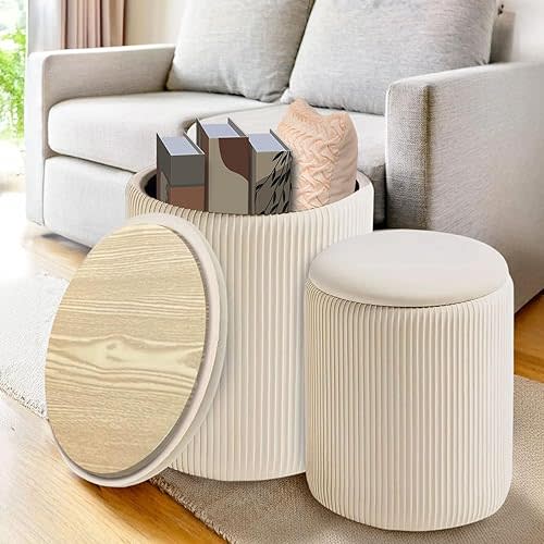 Round Storage Ottoman (Set of 2) - Multifunctional Storage Ottoman with Removable Lid and Soft Velvet Padding - Perfect Footrest for Living Room and Bedroom, Vanity Stool for Makeup - Beige (beige)
