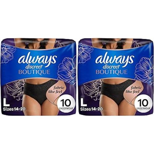 Always Discreet Boutique Low-Rise Postpartum Incontinence Underwear Size L Maximum Absorbency, Up to 100% Leak Protection, Black, 10 Count (Pack of 2)
