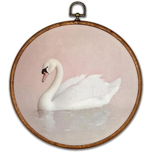 BCUANGD Swan Round Wall Art Decor - Vintage Animal Coquette Wall Art Canvas Frame Artwork Prints, Trendy Preppy Round Wall Hanging Decorations for Home Bedroom Girls Room Nursery, 10"x10"