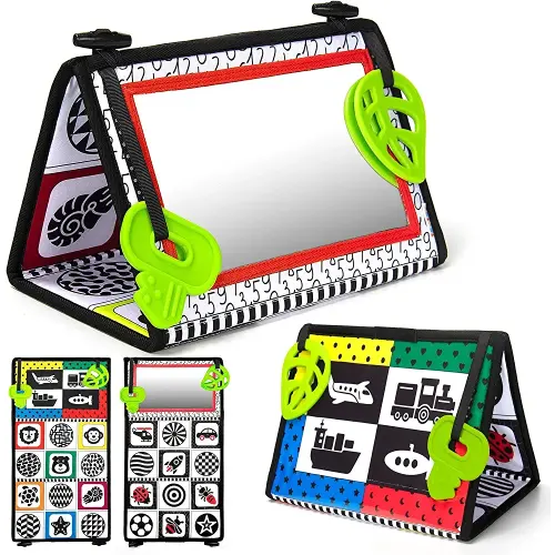 teytoy Tummy Time Baby Mirror Toys with Teethers, Double Black and White High Contrast Baby Toys 0-6 Months, Foldable Floor Sensory Development Toys for Infants Newborn