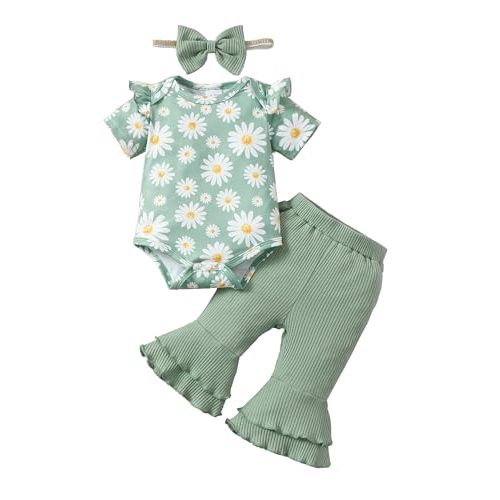 SUNNY PIGGY Baby Girl Clothes Ruffle Short Sleeve Romper Long Pants Set with Headband Newborn Infant Outfits