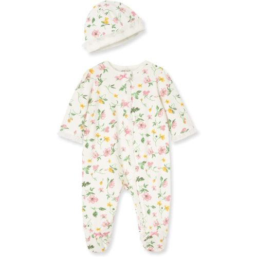 Little Me Clothes for Baby Girls 100% Cotton Scratch-Free Tag Footed One-Piece Romper and Hat Sleeper Set Preemie to 9 Months