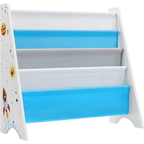 SONGMICS Kids’ Bookcase, Book Organizer, with Anti-Tip Kit, Storage Shelf for Children's Room, Playroom, School, Space-Saving Design, White, Blue and Gray UGKR72WT 11D x 24.6W x 23.6H in