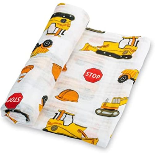 LollyBanks Muslin Swaddle Blanket | 100% Cotton | Newborn and Infant Blanket | Large 47 x 47 inches for Boys | Light Weight and Breathable | Fun Construction Theme - Under Construction