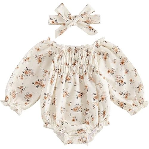 Sasaerucure Spring Infant Baby Girl Long Sleeve Romper Floral Bodysuit Headband Fall Winter Clothes