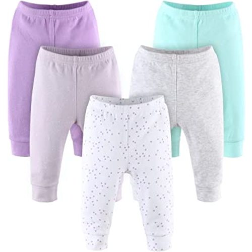 The Peanutshell Pastel Baby Pants Set | 5 Pack in Purple Grey & Mint Newborn to 24 Month Sizes Months