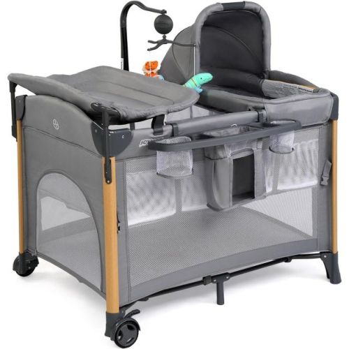 JOYMOR 7 in 1 Bedside Bassinet with Changing Table, All in One Nursery Center, Bedside Sleeper with Mattress, Sheet, Canopy, Storage Shelf,Gray